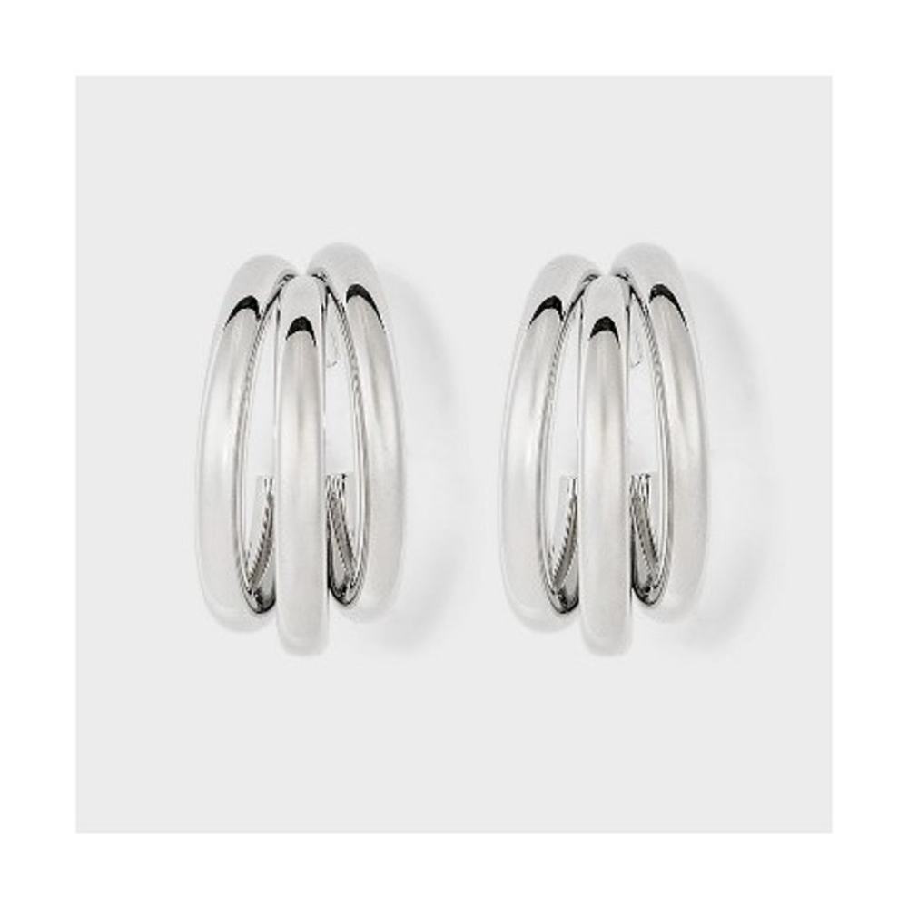 4327 NIP 1" Triple Tube Silvertone Hollow Layered Hoops with S925 Studs
